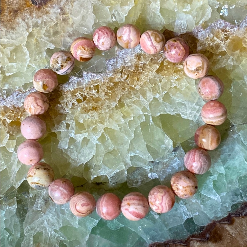 Rhodochrosite Pink Gemstone handcrafted beaded stretch bracelet.  RARE!